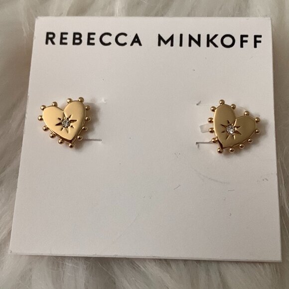 REBECCA MINKOFF Studded Heart Stud and Huggies Earrings SET in Gold - Picture 2 of 3